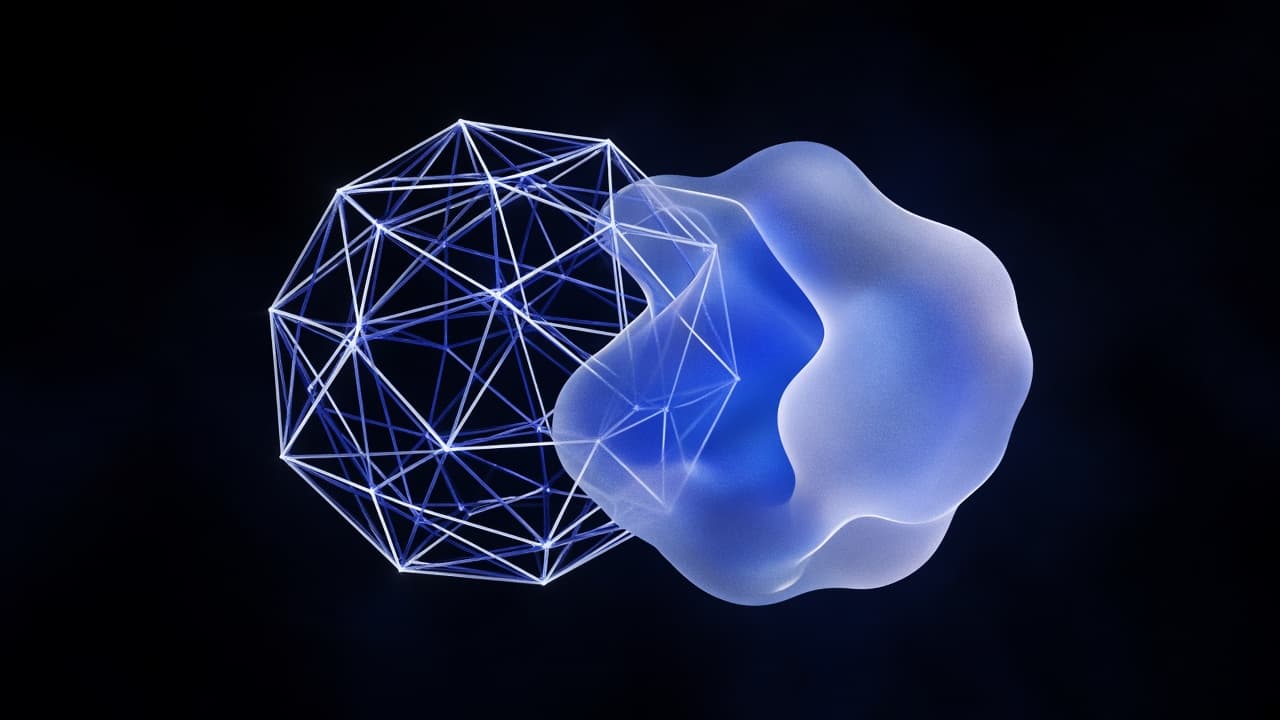 Abstract artwork: a wireframe lattice and a soft glass form overlapping in accent light.